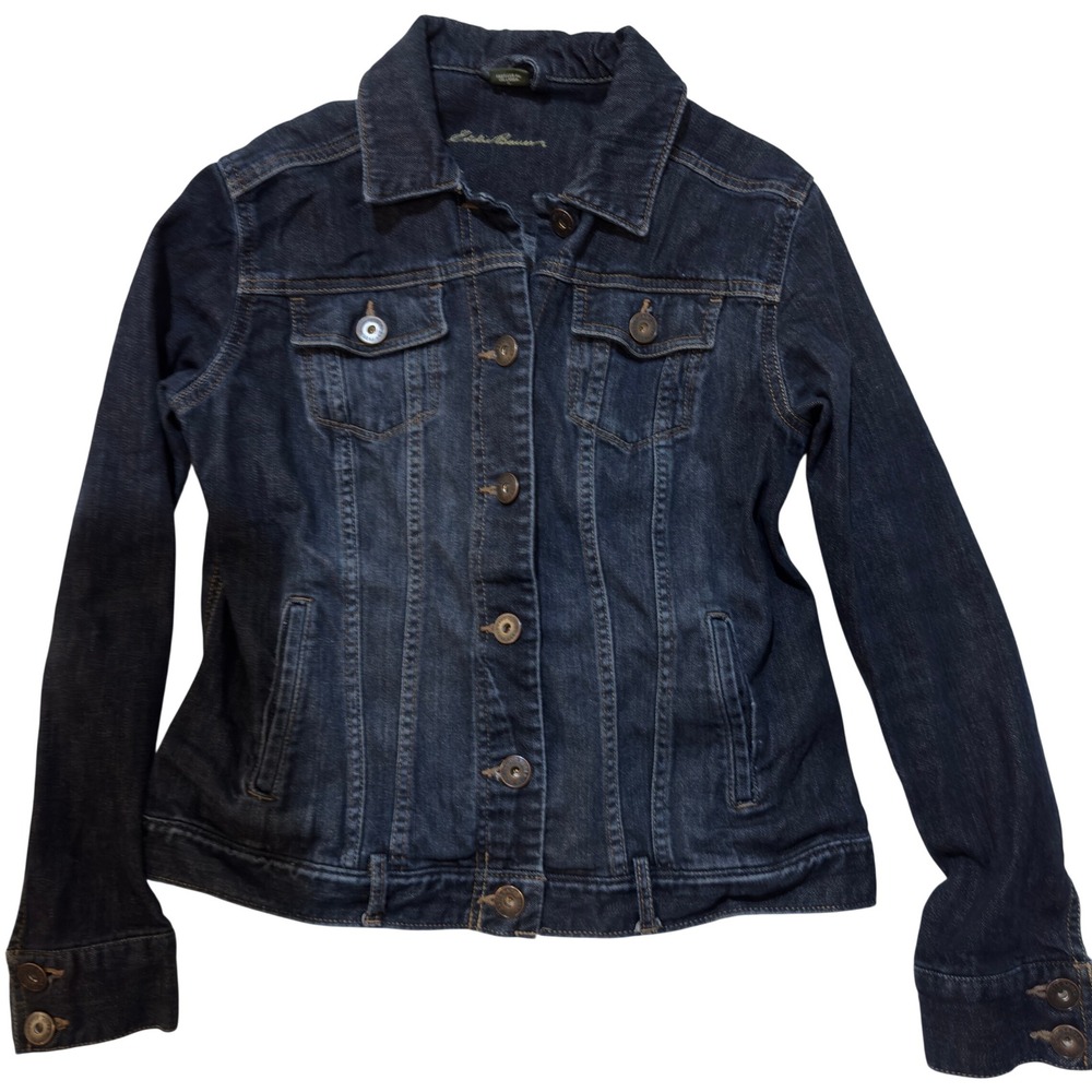 Eddie Bauer Women's Small Denim Jacket Button Front Stretch Dark Wash Blue